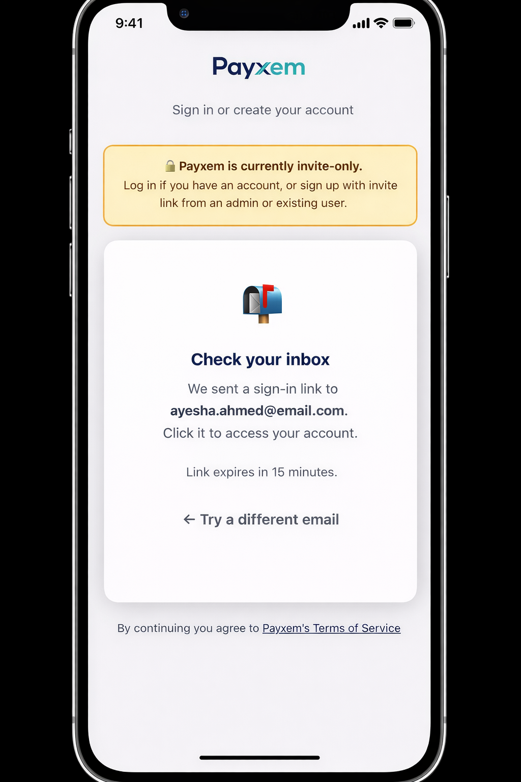 Payxem magic link sent confirmation